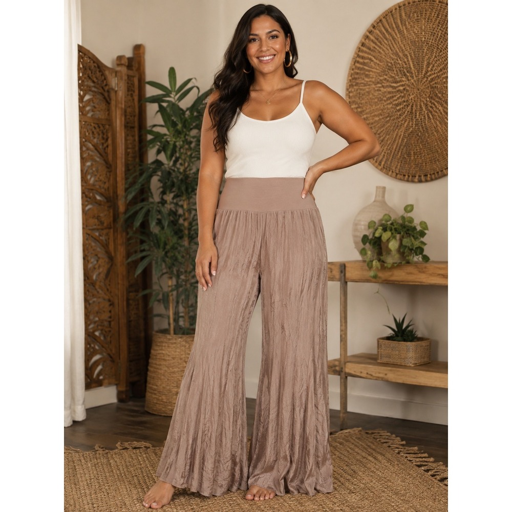 Made in Italy Silk Crinkle Wide Leg Palazzo Pants Taupe Brown High Waist Lined